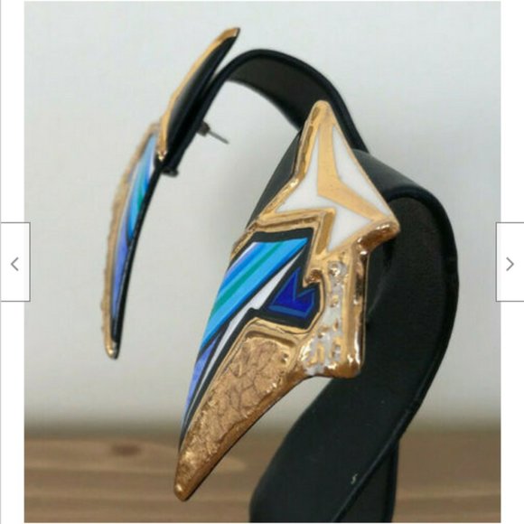 Bold Blue & Gold Glam Lightening Bolt Handpainted Ceramic Earrings Artist Signed - Picture 3 of 7